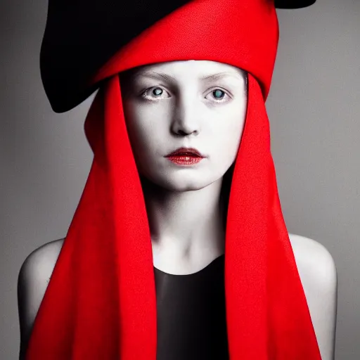 Image similar to half - length portrait of girl in a red hat and black dress, fine art portrait photography by paolo roversi, volumetric lighting, very detailed, high resolution,