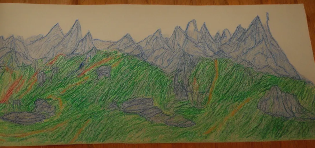 Image similar to Rivendell landscape poorly drawn in crayon by a five-year old