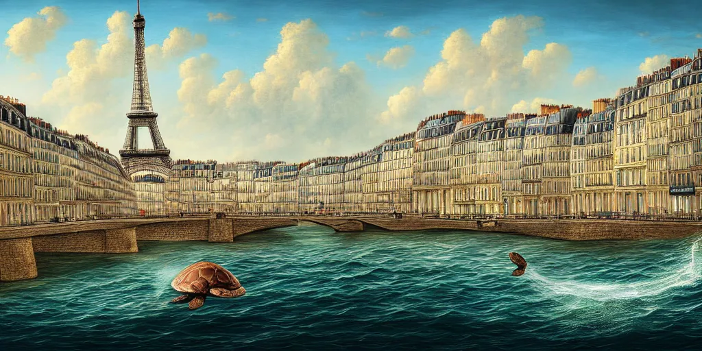 Prompt: master piece stunning digital painting of a parisian small city contained on the top of a giant sea turtle