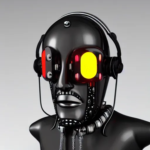 Image similar to a glossy claymodel of a steampunk aztec futurism robot head with glowing headphones, 8 k, symetrical, flourescent colors, halluzinogenic, multicolored, very detailed, black background, 3 d render,