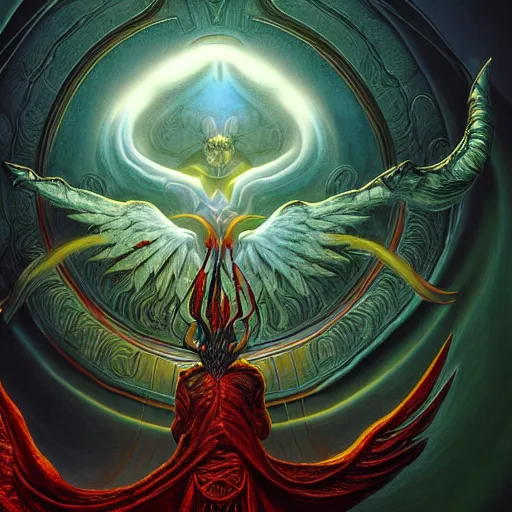 Image similar to photorealistic biblically accurate demonic alien archangel the style of michael whelan and gustave dore. hyperdetailed photorealism, 1 0 8 megapixels, amazing depth, glowing rich colors, powerful imagery, psychedelic overtones, 3 d finalrender, 3 d shading, cinematic lighting, artstation concept art
