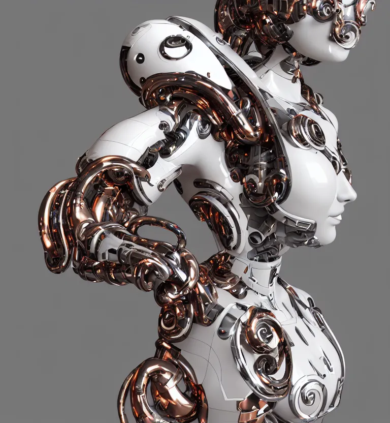 Prompt: Semilucent cyborg fashion robot, cyber copper spiral decorations, white elegant rococo design, headshot half figure, photorealistic, 8k, hyper detailed, unreal engine, trending on artstation