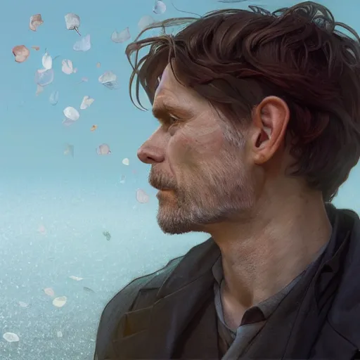 Prompt: a portrait of willem defoe looking up as flower petals flow gently as a breeze blows them from left to right on a cloudy day with blue skies, art by artgerm and greg rutkowski and magali villeneuve and alphonse mucha and rossdraws and makoto shinkai, d & d, fantasy, highly detailed, digital painting, trending on artstation