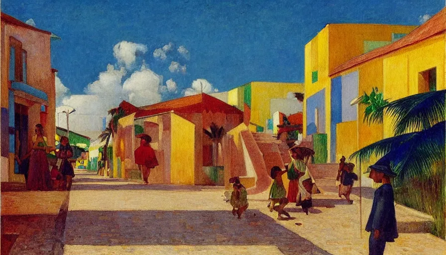 Prompt: a 1 9 5 8 brazilian nordeste town designed by jules bastien - lepage, tarsila do amaral, frank weston and gustave baumann, trending on artstation, mediterranean, dreamy, sharp focus, colorful refracted sparkles and lines, soft light, 8 k 4 k