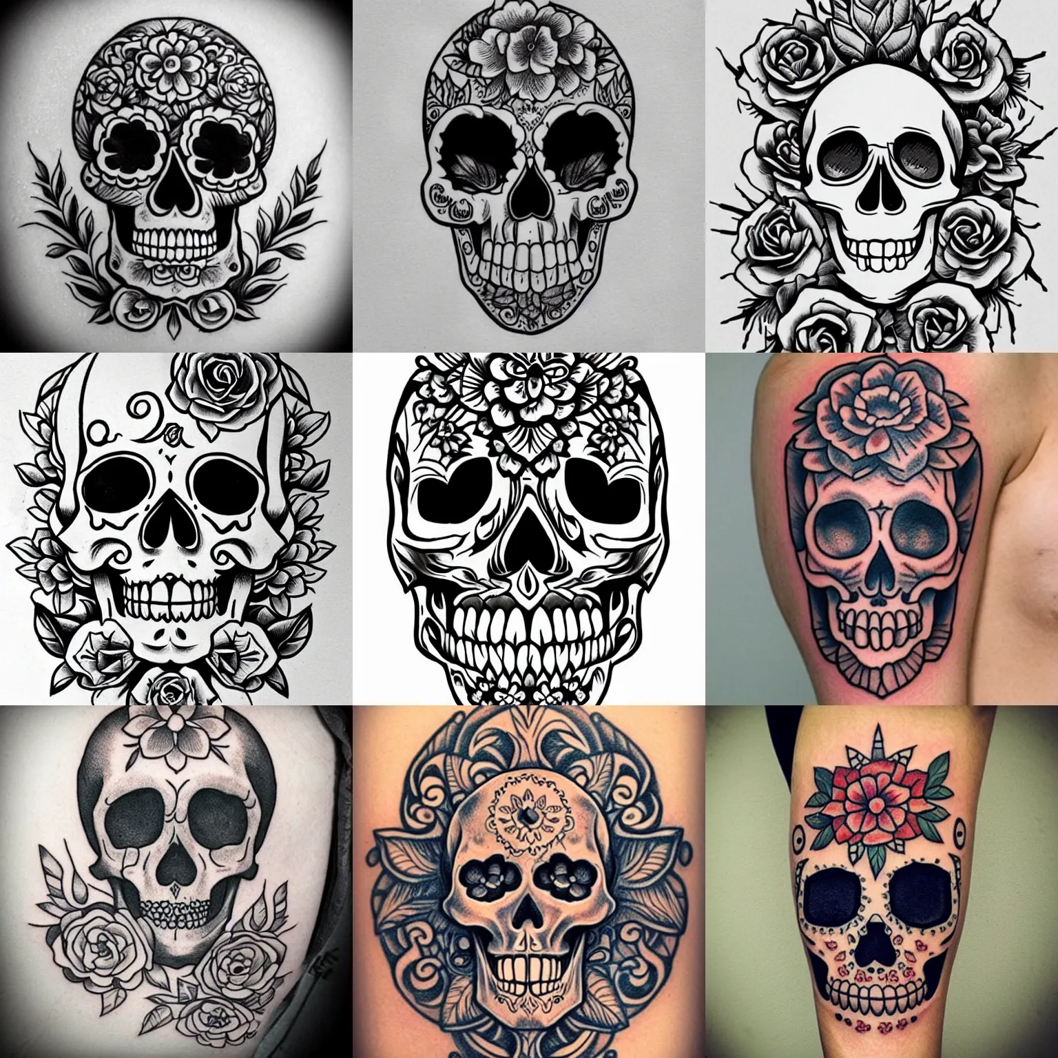 Prompt: skull with flowers in the eyes, tradicional tattoo, fine line, trending on pinterest