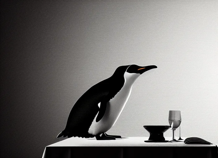 Image similar to portrait of a sad penguin sitting at a table, Mads Berg, Karolis Strautniekas, stippled light, editorial illustration, detailed,fine texture, textured, matte print