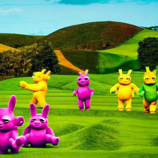 Image similar to a photo of a green field, with an army of differently coloured and shaped teletubbies, marching together.