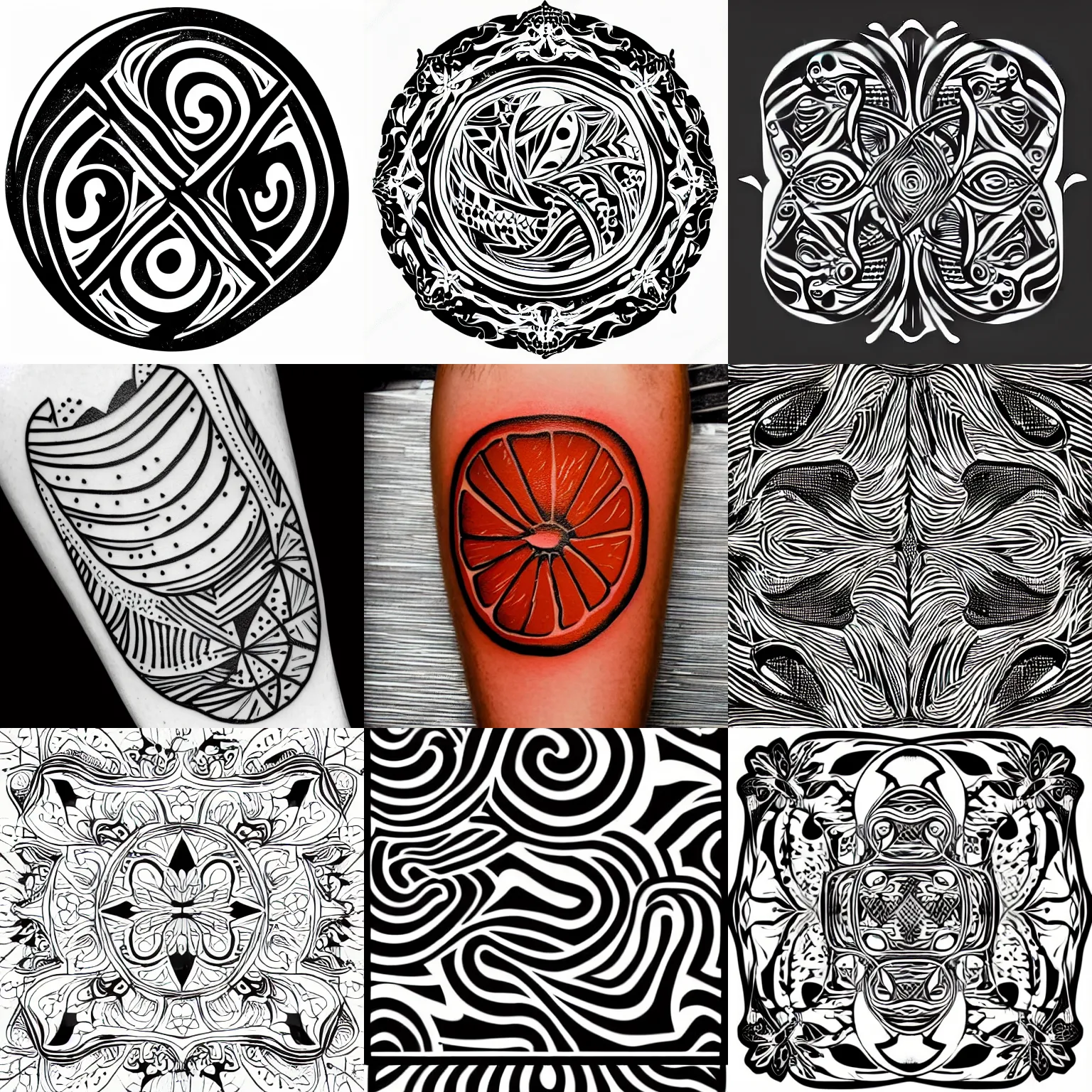 Prompt: orange half slice tattoo, black and white, detailed lines, vector art