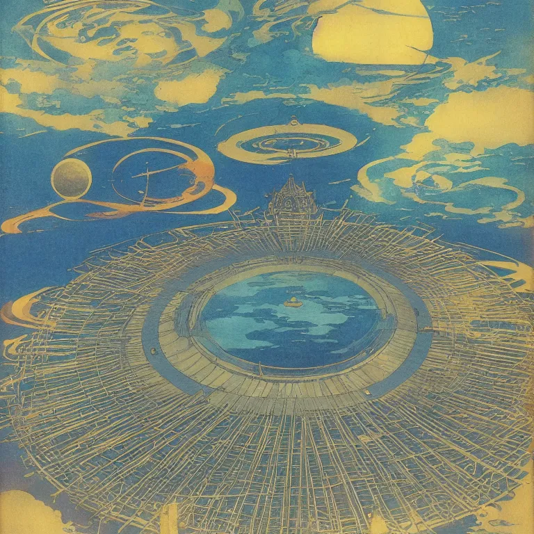 Prompt: Giant Floating Circular Ancient Sacred Sublime Cosmic Structure by Hiroshi Yoshida