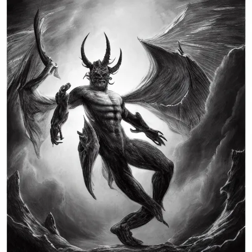 Prompt: full body, grayscale, Gustave Dore, Sorie Kim, muscled humanoid balrog demon, horns, claws, large horned tail, heroic pose, swirling flames