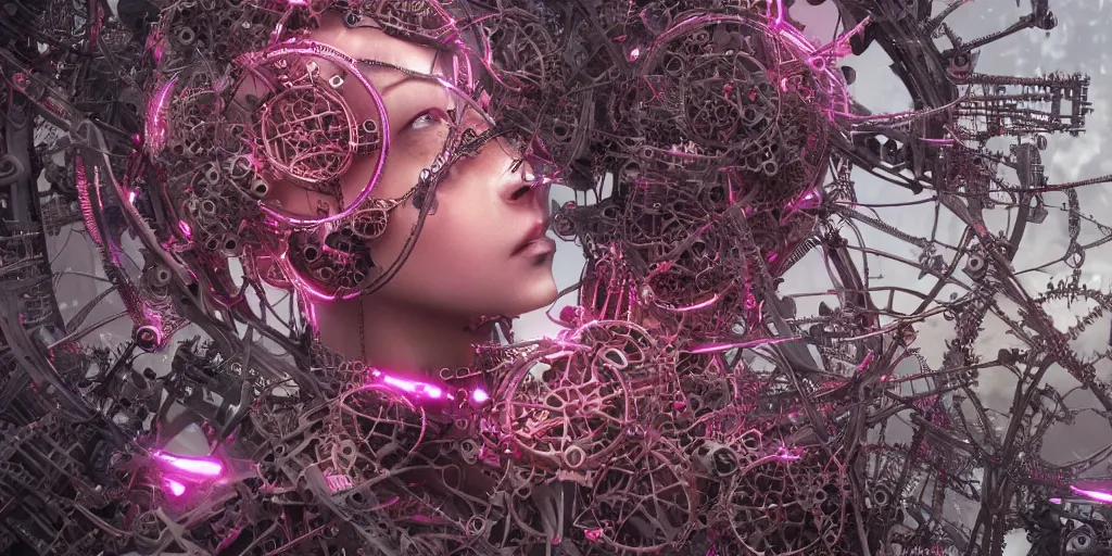 Image similar to a female saints rose robot head made of gears and wires is flying in the fantasy forest by merriam, daniel, intricate mechanical details, futuristic, 2 k aesthetic, dramatic lighting, concept art, 4 k, 3 d octane render, pink and red colors, provenance, detailed, trending on artstation