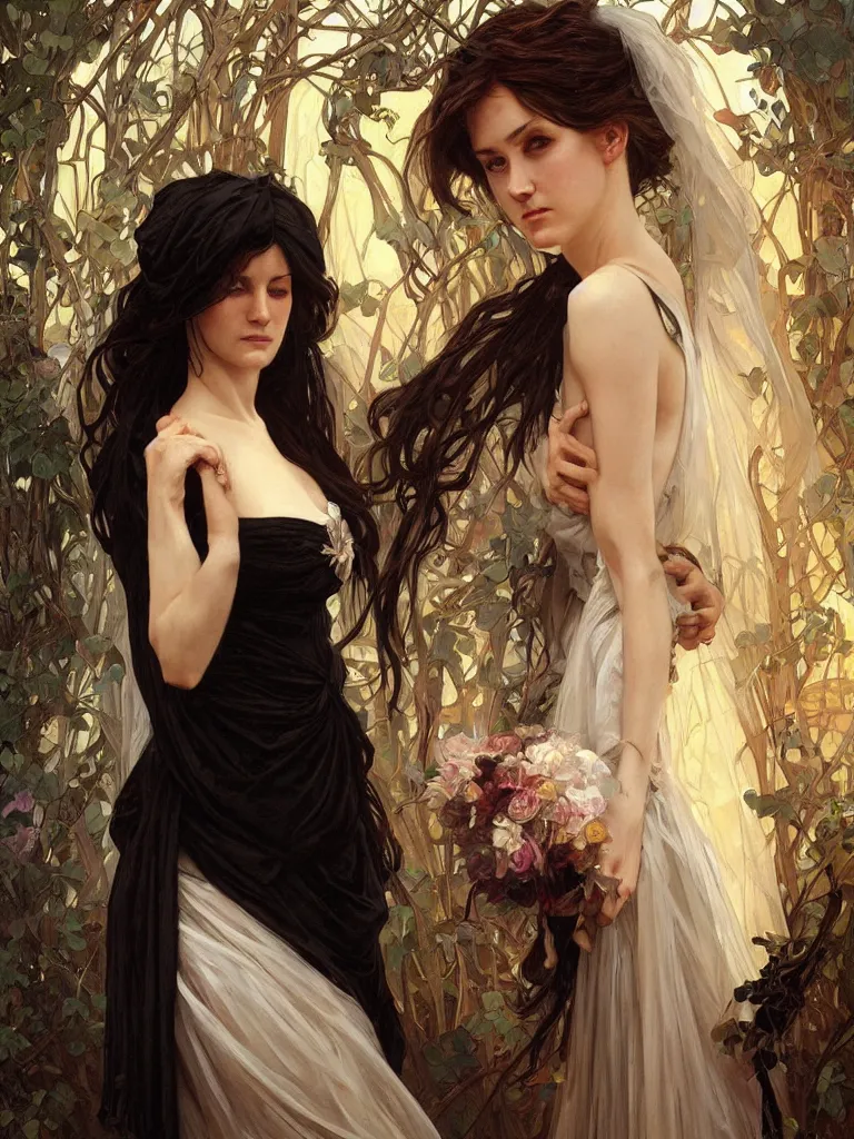 Image similar to detailed oil painting of a sad bride in black under the god ray, art by artgerm and greg rutkowski and alphonse mucha