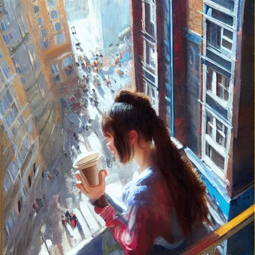 Image similar to “ top view of a girl holding a cup of coffee sitting on a fire escape overlooking the east village in new york city, morning light, by daniel gerhartz ”