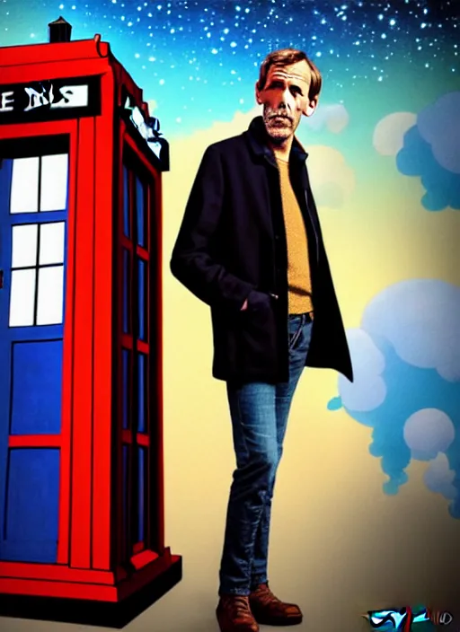 Image similar to portrait of hugh laurie standing next to the tardis from doctor who, portrait, pixar style, by tristan eaton stanley artgerm and tom bagshaw.