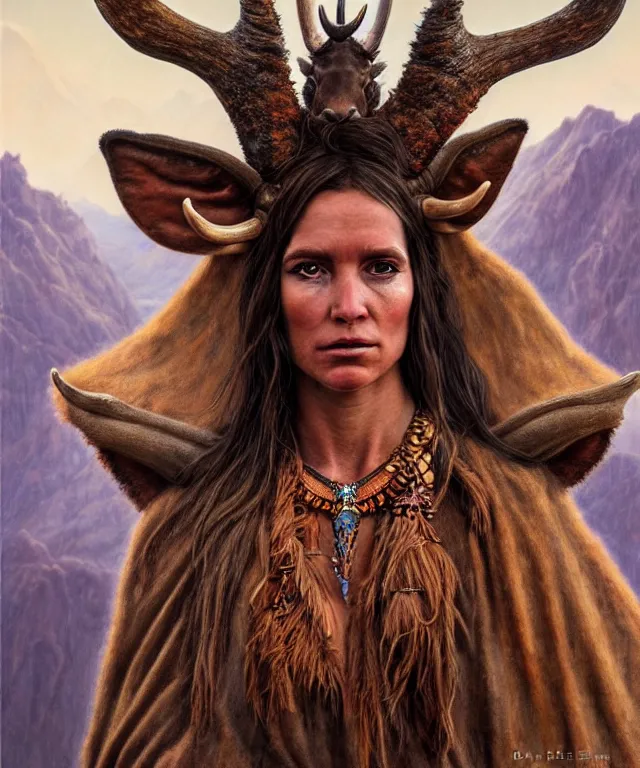 Prompt: a detailed horned antelopewoman stands among the mountains. wearing a ripped mantle, robe. perfect faces, extremely high details, realistic, fantasy art, solo, masterpiece, soft colors and lighting, art by daniel e. greene, johannen voss, zoey frank, vincent desiderio