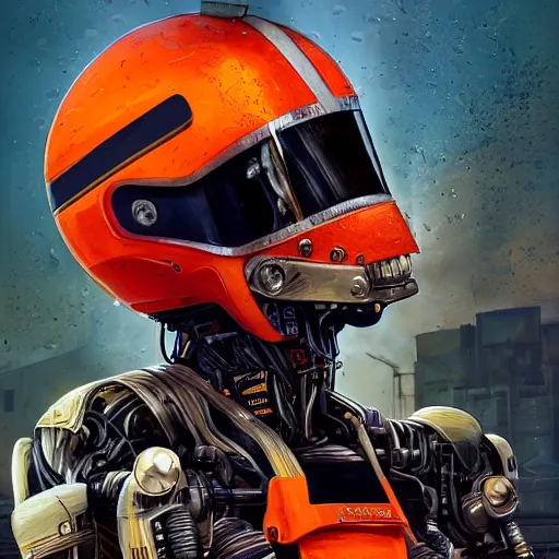 Prompt: a portrait of a monster, in an orange racing helmet by sandra chevrier, detailed render, epic composition, cybernetics, 4 k realistic, cryengine, realistic shaded lighting, sharp focus, masterpiece, by matteo scalera, gary montalbano, peter elson in the style of the tokyo ghost comic