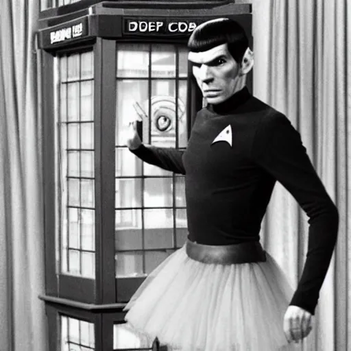Prompt: spock in a tutu exiting the tardis