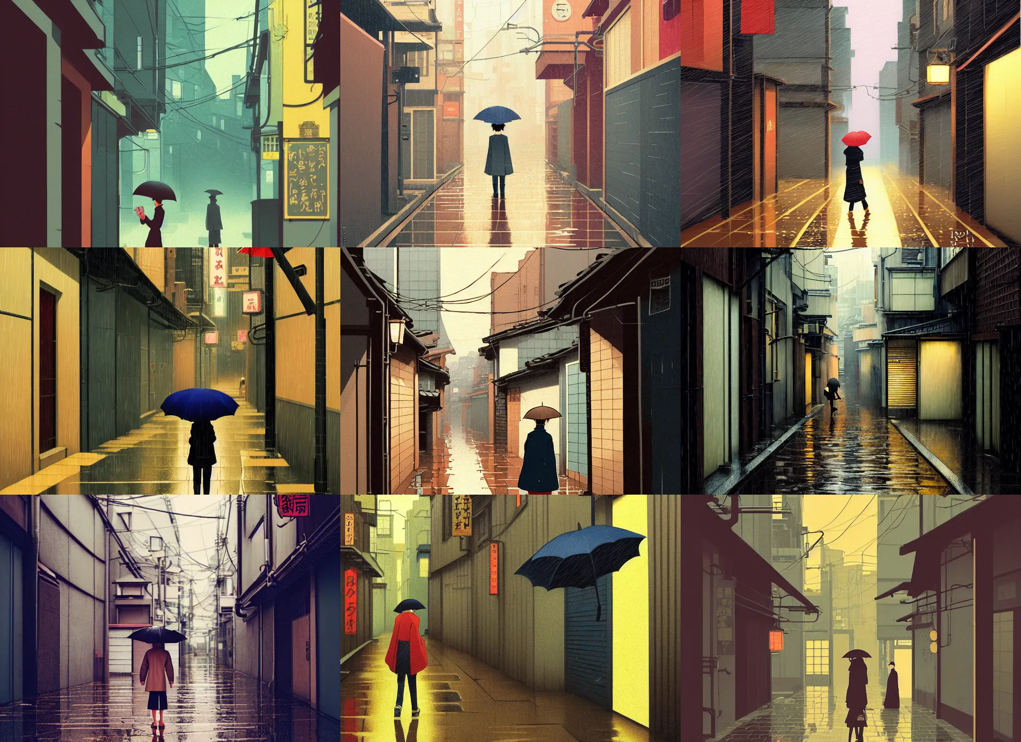 Prompt: tokyo alleyway, rainy day, single person with umbrella, by cory loftis, atey ghailan, makoto shinkai, hasui kawase, beautiful, serene, peaceful, lonely, golden curve composition