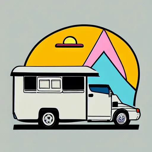 Prompt: sticker of a white and black cute thor chateau! motorhome camper!!, mountains, colorful sunset!!, thick lines, very minimal art, sticker!! by tom whalen