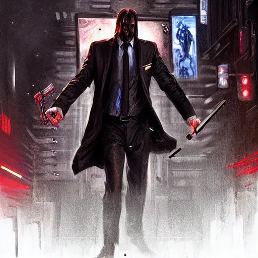 Image similar to an angry john wick in a shootout with a giger alien in the city streets, raymond swanland and magali villeneuve detailed digital painting