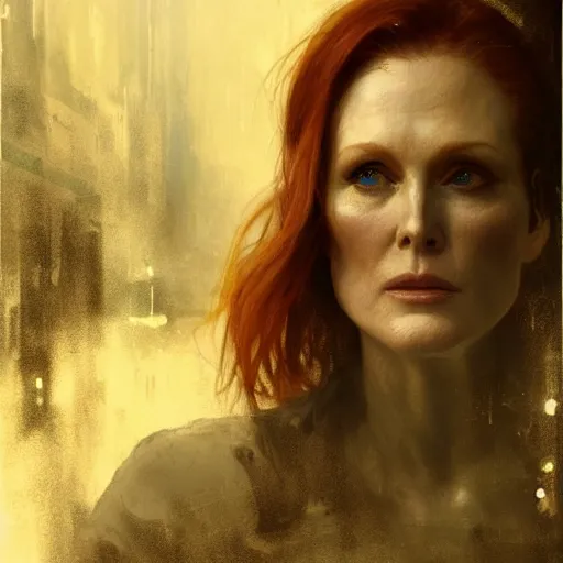 Prompt: julianne moore, hyperrealistic portrait, bladerunner street, art of elysium by jeremy mann and alphonse mucha, fantasy art, photo realistic, dynamic lighting, artstation, poster, volumetric lighting, very detailed face, 4 k, award winning