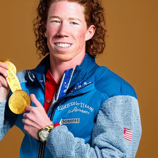 Prompt: high quality portrait of shaun white holding a gold medal with blue sky above him, rule of thirds, upper body shot, sharp focus, extremely detailed, studio photography