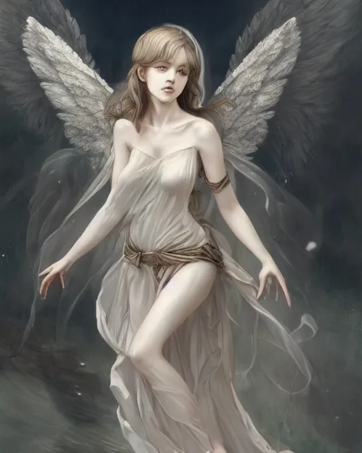 Image similar to an infinitely detailed portrait of a frail and pale female peace angel elegantly. fully - clothed full - body, beautiful! scenery art!! coherent! by wlop & murata, victorian color palette, artstation / pixiv!! highly elegantly armored angel portrait full - body, dreamy art