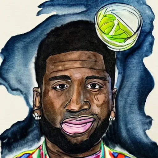 Prompt: ink and water color portrait drawing of gucci mane drinking lemonade, realistic, art nouveau