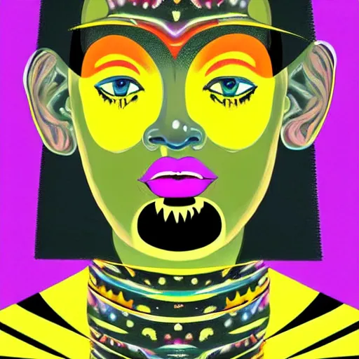 Image similar to closeup portrait of a black woman with yellow eyes and a rainbow background, digital art by tomokazu matsuyama, by ed paschke, behance contest winner, generative art, irridescent, retrowave, grain, androgynous, black background