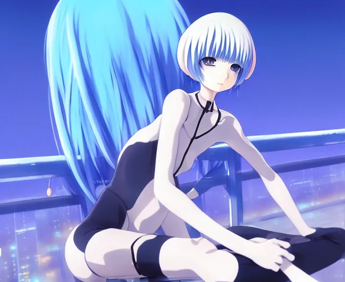 Image similar to anime art, fullbody shot of female rei ayanami, evangelion, long blue hair and large eyes, finely detailed perfect face, in a pale skintight plugsuit, sitting on rooftop, flooded city, trending on pixiv fanbox, by ilya kuvshinov, sola digital arts,, raytracing