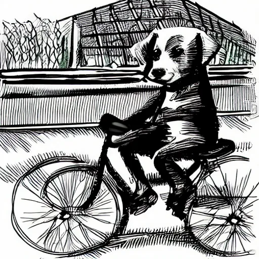 Image similar to illustration of a dog riding a bike in paris in the style of clement hurd