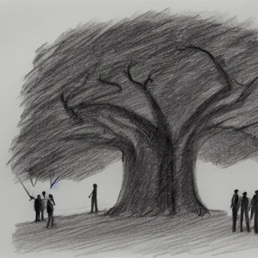 Image similar to a group of people in a park staring up at a gigantic tree, pencil sketch, black and white