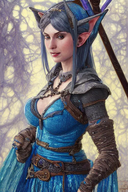 Prompt: alluring highly detailed matte close-up portrait of beautiful elf Shani (from Witcher 3) wearing chesty chainmail bikini and a blue cloak, very detailed, realistic, manga, pen and ink, by Stanley Artgerm Lau, greg rutkowski, thomas kindkade, alphonse mucha, loish, norman rockwell J.