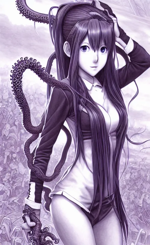 Prompt: a delinquent female student Aerith Gainsborough is being embraced by a tentacle demon she befriended. beautiful shadowing, intricate pencil strokes, illustrated completely, 8k beautifully detailed pencil illustration, extremely hyper-detailed pencil illustration, intricate, epic composition, very very kawaii, masterpiece. stunning masterfully illustrated by Artgerm and Range Murata.