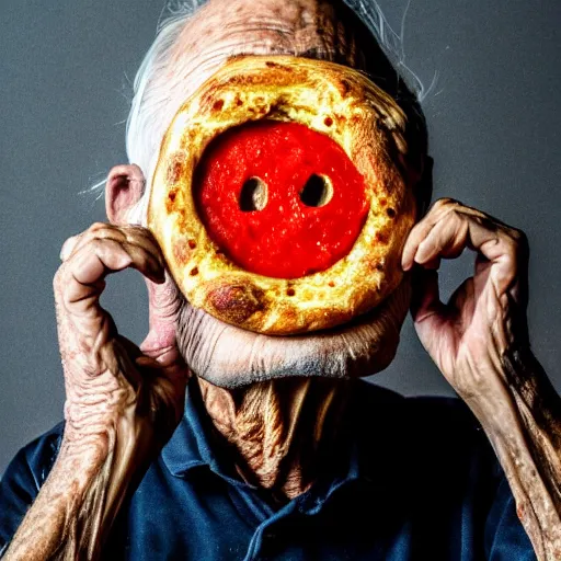 Image similar to an elderly man wearing a mask made from a pizza, bold natural colors, national geographic photography, masterpiece, 8 k, raw, unedited, symmetrical balance