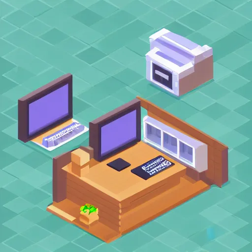 Image similar to a isometric office cute pixel art with computers 4 k detailed unity