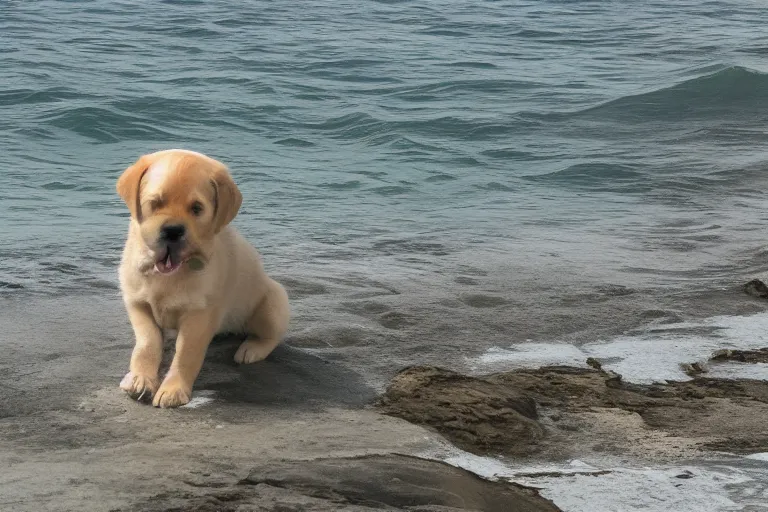 Image similar to a puppy is looking directly at the wavy water current below it while it stands at an edge of a cliff