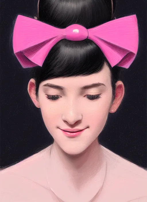 Image similar to portrait of high school girl, realistic, black hair, bangs, half updo hairstyle, pointy nose, skinny, smile, ugly, defined jawline, big chin, pink hair bow, earrings, intricate, elegant, glowing lights, highly detailed, digital painting, artstation, sharp focus, illustration, art by wlop, mars ravelo and greg rutkowski