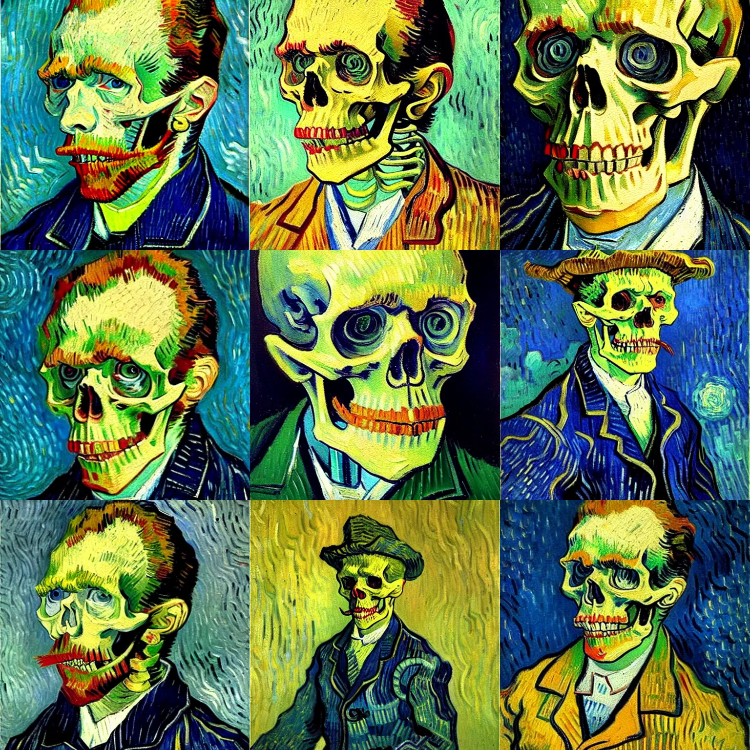 Prompt: detailed expressionist oil painting portrait by van gogh of a skeleton in a suit, 8 k resolution, smooth, sharp focus, matte painting