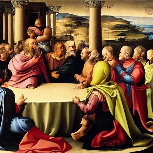 Prompt: renaissance painting of philosophers having a discussion with batman in a round table, crowd watching and murmuring, moody,