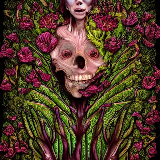 Image similar to a beautiful detailed photo of a full body rotten woman corpse morphing into fractal plants and fractal flowers and mushrooms, face muscles, veins, anatomical, intricate, ornate, volumetric light, beautiful lit, beetlejuice