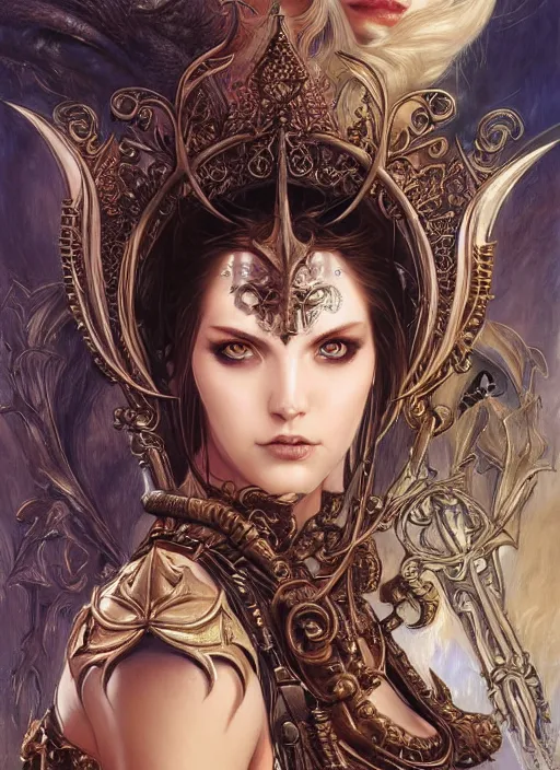 Image similar to a highly detailed symmetrical painting of a female fantasy character with piercing beautiful eyes, art by artgerm and karol bak and mark brooks and donato giancola and bayard wu and gustav moreau and wayne barlowe