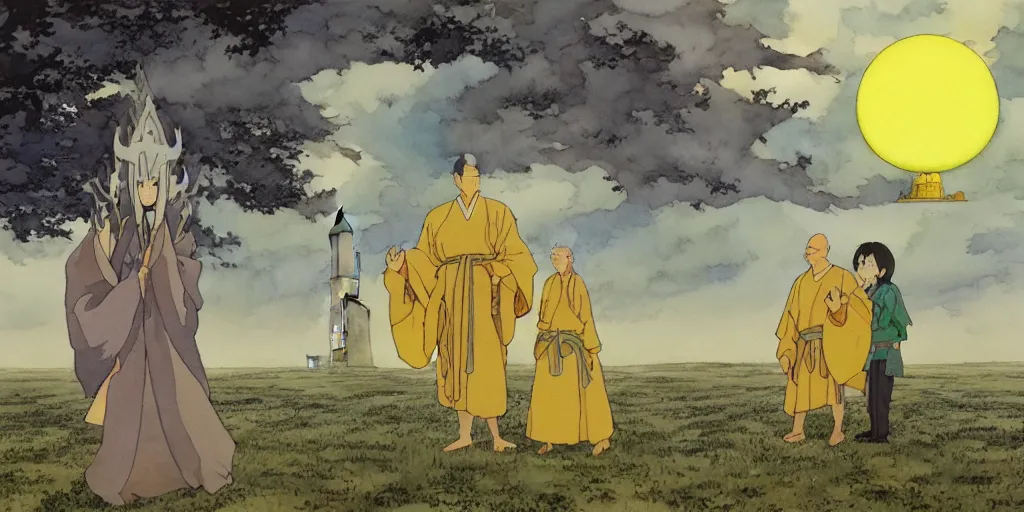 Image similar to a hyperrealist studio ghibli watercolor fantasy concept art of a giant chinese god and a small grey alien with a yellow robe in stonehenge in the early morning. a giant gold ufo is floating in the air. by rebecca guay, michael kaluta, charles vess