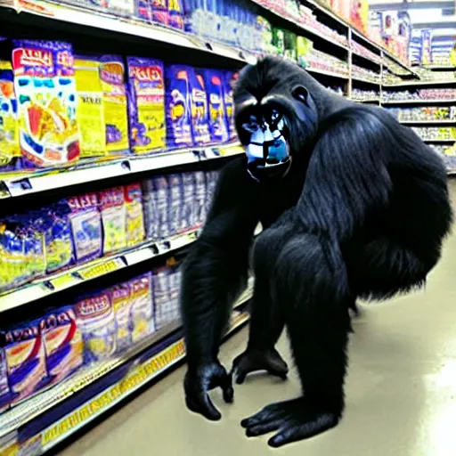 Prompt: photo of gorilla in walmart, cctv footage,