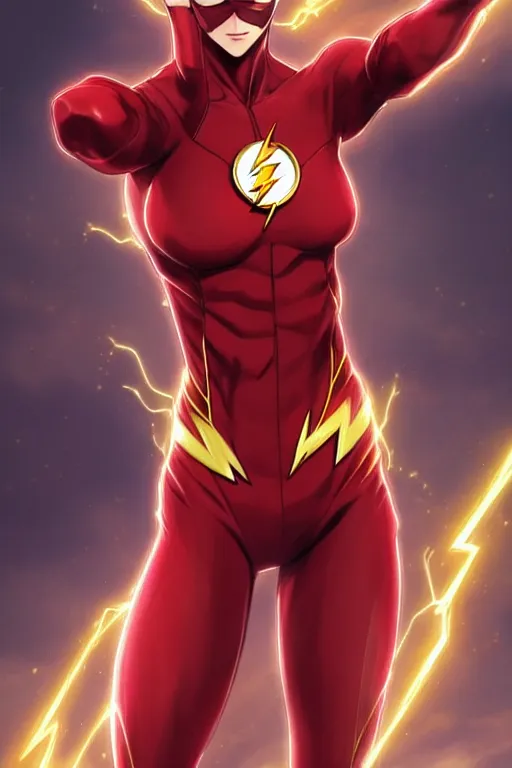 Image similar to anime key visual of a beautiful female the flash!! intricate, red, black, gold suit, powers, speed, lightning hate, dc comics, cinematic, stunning, highly detailed, digital painting, artstation, smooth, hard focus, illustration, art by artgerm and greg rutkowski and alphonse mucha