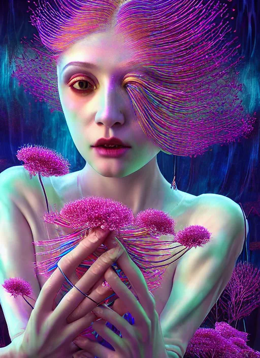 Prompt: hyper detailed 3d render like a Oil painting - Aurora (evocative cyberpunk and oil rainbow faced Singer) seen Eating of the Strangling network of sappy milky Fruit and Her delicate Hands hold of gossamer polyp blossoms bring iridescent fungal flowers whose spores black out the foolish stars by Jacek Yerka, Mariusz Lewandowski, Houdini algorithmic generative render, Abstract brush strokes, Masterpiece, Edward Hopper and James Gilleard, Zdzislaw Beksinski, Mark Ryden, Wolfgang Lettl, hints of Yayoi Kasuma, octane render, 8k