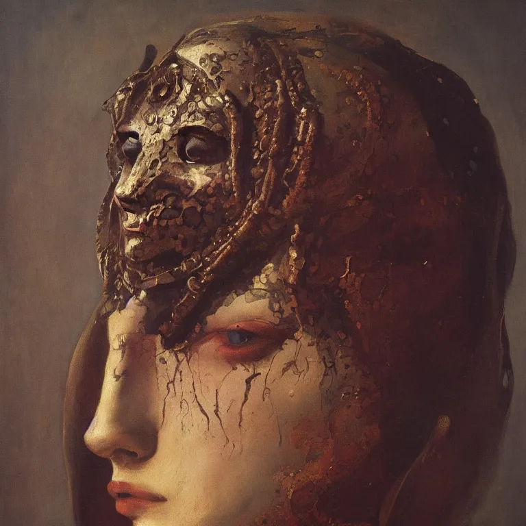 Image similar to The waist-high portrait of beautiful woman with closed eyes in steel full-face occult mask by Ilya Repin, William Blake, Michelangelo da Caravaggio and Beksinski, highly detailed oil painting, trending by artstation, fantasy character, 4k, masterpiece