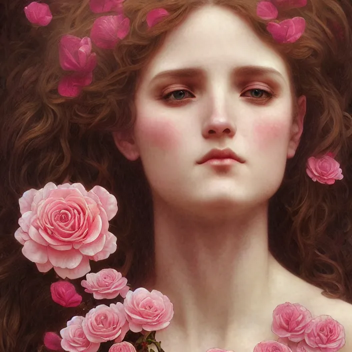 Image similar to a wonderful goddess with the skull made of rose pink petals, intricate, elegant, highly detailed, wonderful eyes, sweet, digital painting, artstation, concept art, smooth, sharp focus, illustration, art by artgerm and greg rutkowski and alphonse mucha and william - adolphe bouguereau