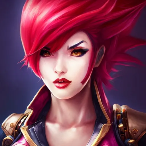 Prompt: portrait of Vi from League of Legends, by Fortiche Studio, from Netflix's Arcane, trending on artstation,fine details, realistic shaded, fine-face, Steampunk city on the background, red hair, steampunk metal boxing gloves on hands, painted texture, pretty face,by Artgerm