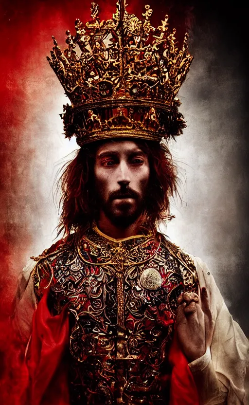 Image similar to 'Portrait of Crowned King Arthur' by Lee Jeffries royally decorated, whirling plasma, atmospheric motes, red and gold Sumptuous garb, gilt silk fabric, radiant colors, fantasy, perfect lighting, studio lit, micro details,